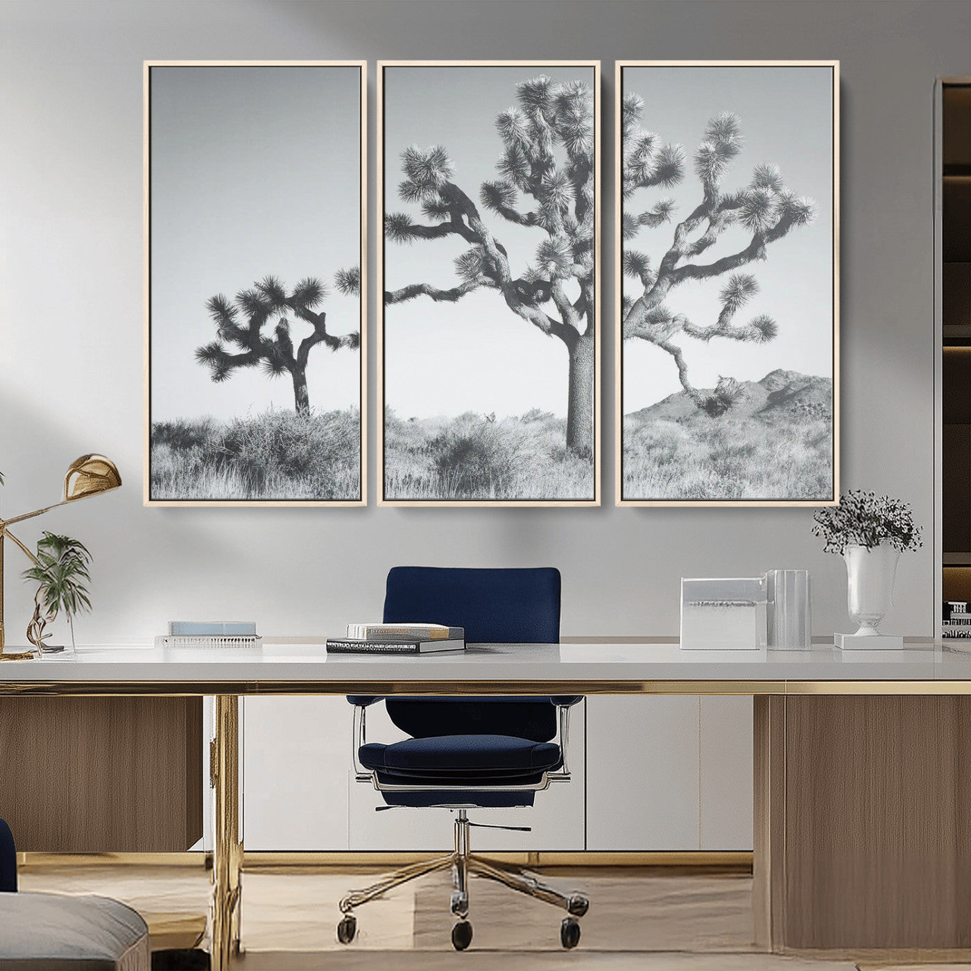 29996209-MGV-FC-48X32-3P_Natural-Joshua Tree Art Wall Art Canvas Print, Framed Black White Landscape Art Picture Print, Desert Tree Decor Perfect Southwestern Boho