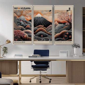 55739266-MGV-CV-36X24-Japanese Wall Art Print – Abstract Yayoi Kusama Inspired Dotted Landscape Poster, Surreal Oriental Mountain and Cherry Blossom