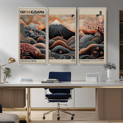 55739266-MGV-CV-36X24-Japanese Wall Art Print – Abstract Yayoi Kusama Inspired Dotted Landscape Poster, Surreal Oriental Mountain and Cherry Blossom