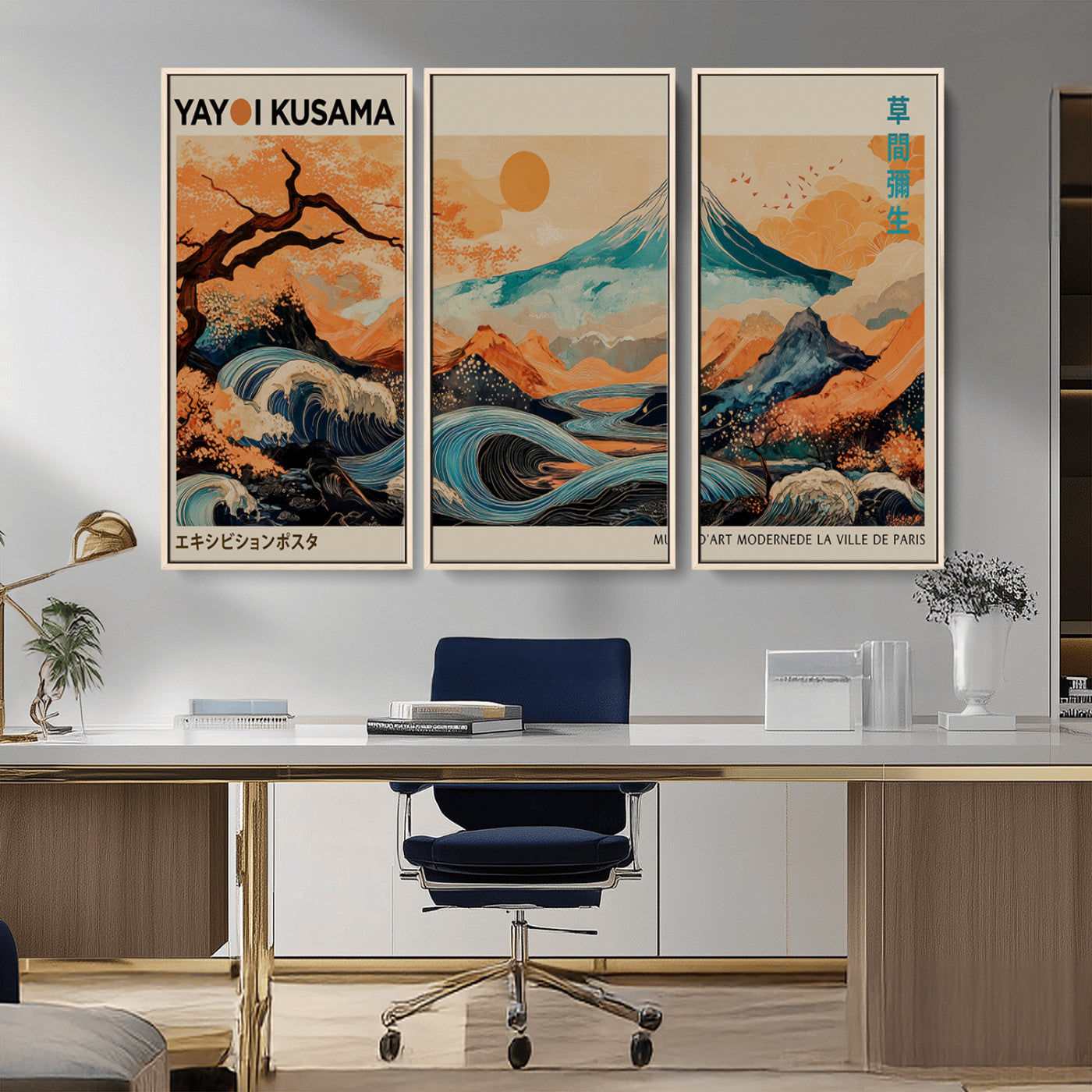 22373530-MGV-CV-36X24-Japanese Mt Fuji Wave Art Print – Ukiyo e Inspired Sun & Cherry Blossom Poster, Traditional Asian Landscape Painting, Modern