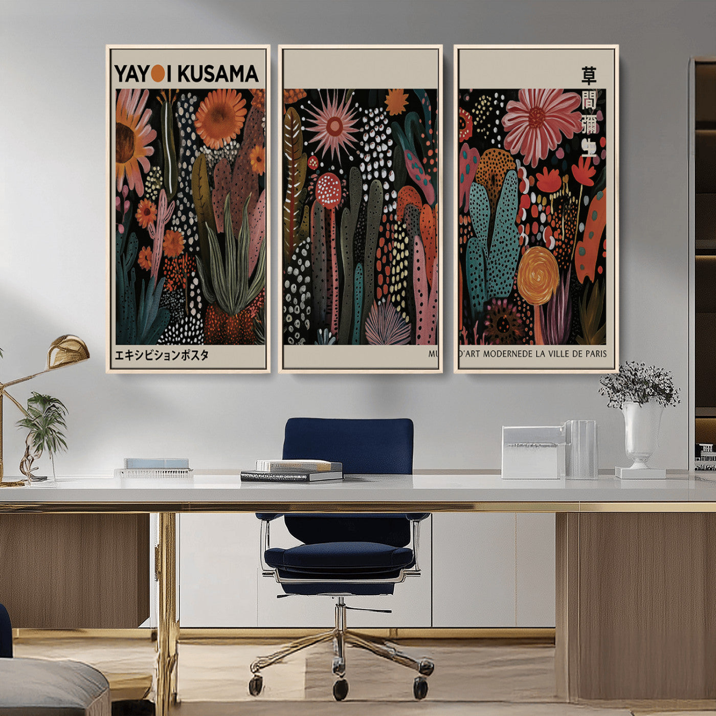 28344895-MGV-CV-36X24-Dark Floral Abstract Wall Art Poster – Modern Botanical Canvas Print with Beige Border, Kusama Inspired Boho Flower Painting,
