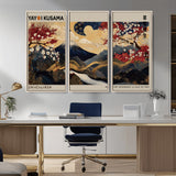 54967195-MGV-FC-48X32-3P_Natural-Mount Fuji Wall Art – Japanese Cherry Blossom Abstract Canvas Print, Navy Gold Landscape Painting, Oriental Luxury Home Decor