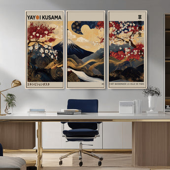 54967195-MGV-FC-48X32-3P_Natural-Mount Fuji Wall Art – Japanese Cherry Blossom Abstract Canvas Print, Navy Gold Landscape Painting, Oriental Luxury Home Decor