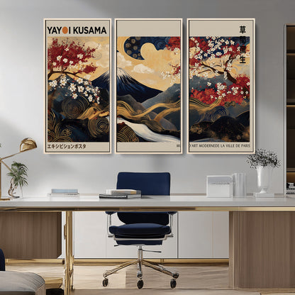 54967195-MGV-FC-48X32-3P_Natural-Mount Fuji Wall Art – Japanese Cherry Blossom Abstract Canvas Print, Navy Gold Landscape Painting, Oriental Luxury Home Decor