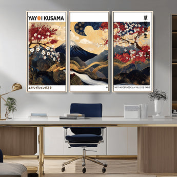 66243961-MGV-FC-48X32-3P_Natural-Mount Fuji Japanese Wall Art – Golden Abstract Landscape Canvas Print, Cherry Blossom Painting, Modern Oriental Zen Home Decor