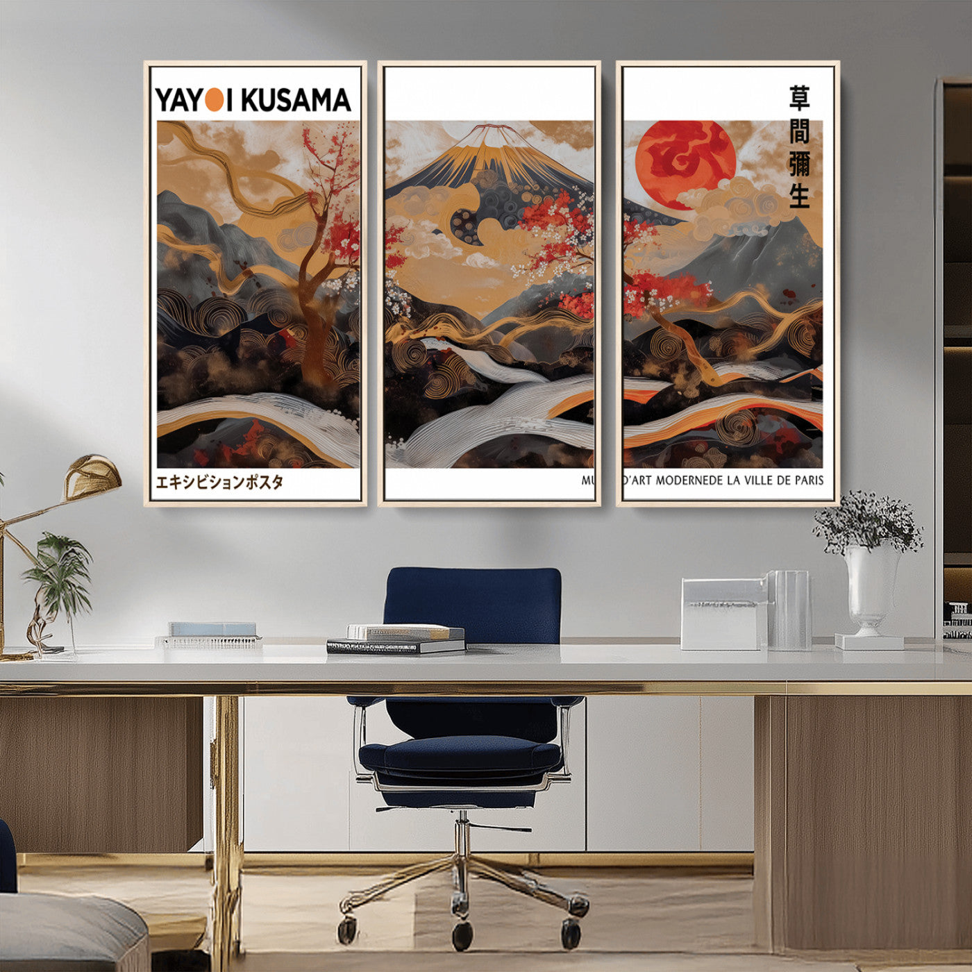 85375874-MGV-FC-48X32-3P_Natural-Mount Fuji Abstract Wall Art – Japanese Landscape Canvas Print, Cherry Blossom & Red Sun Painting, Elegant Modern Zen Asian Home