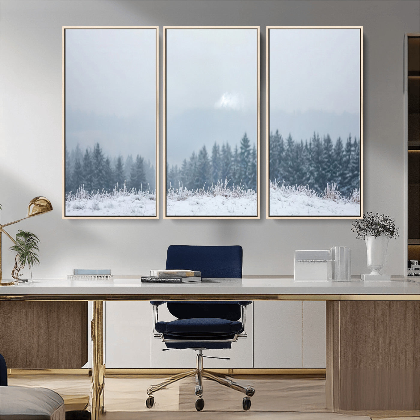 33033082-MGV-CV-36X24-Winter Forest Art Wall Art Canvas Print, Framed Snowy Landscape Art Picture Print, Misty Tree Scene Perfect Nordic Minimalist