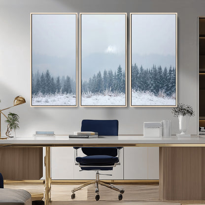 33033082-MGV-CV-36X24-Winter Forest Art Wall Art Canvas Print, Framed Snowy Landscape Art Picture Print, Misty Tree Scene Perfect Nordic Minimalist