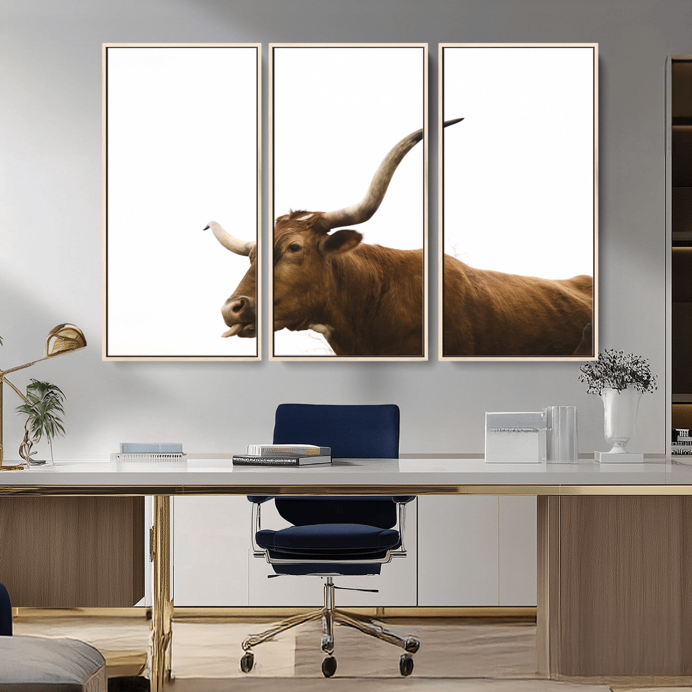 62566114-MGV-CV-36X24-Longhorn Cow Art Wall Art Canvas Print, Framed Rustic Animal Decor Art Picture Print, Texas Bull Photo Perfect Rustic Farmhouse