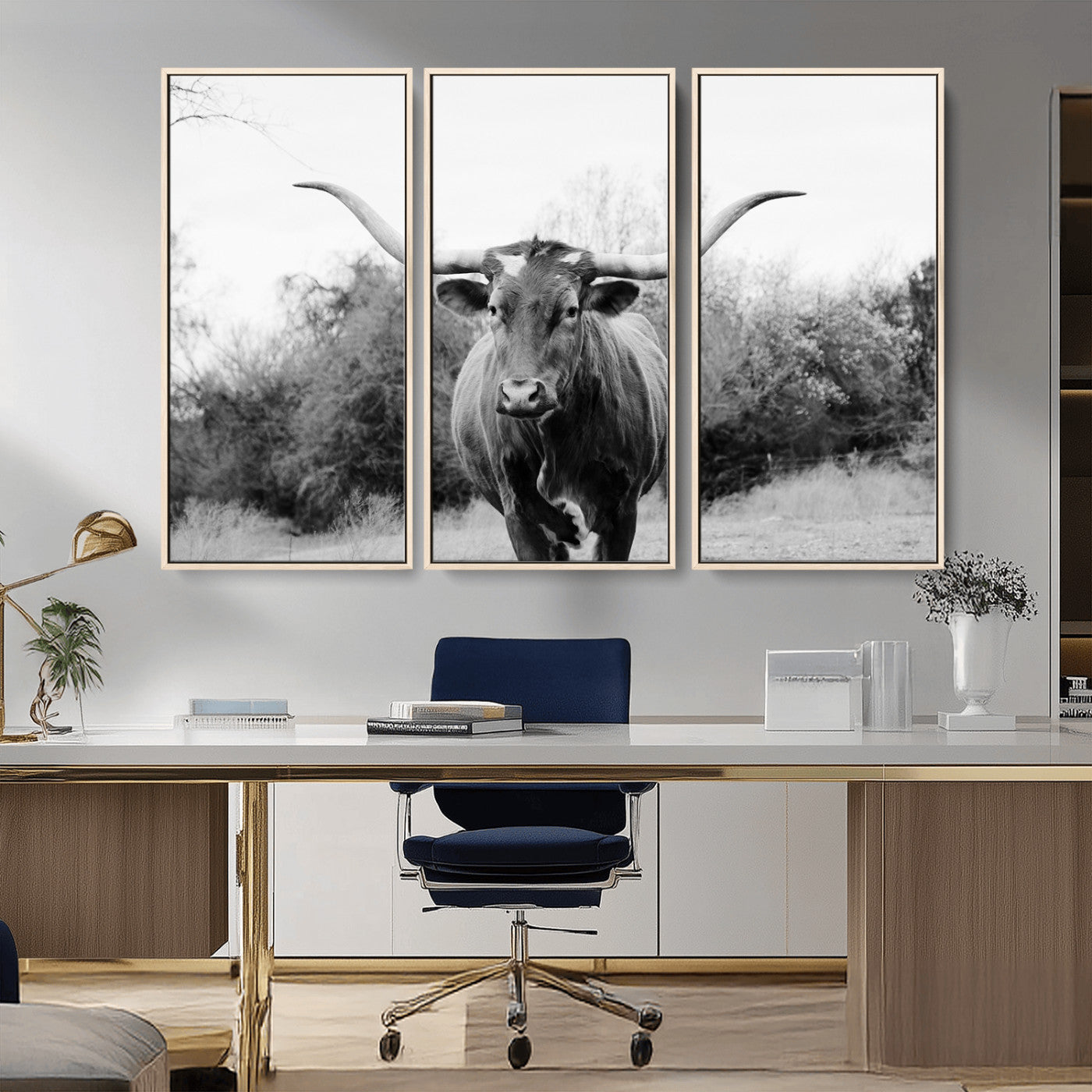 97280319-MGV-FC-48X32-3P_Natural-Longhorn Photography Wall Art Canvas Print, Framed Western Cow Decor Art Picture Print, Texas Ranch Style Perfect Rustic Farmhouse