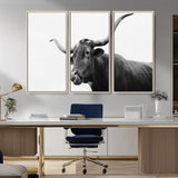 99244177-MGV-CV-36X24-Longhorn Photography Wall Art Canvas Print, Framed Western Cow Decor Art Picture Print, Black White Bull Perfect Modern Rustic