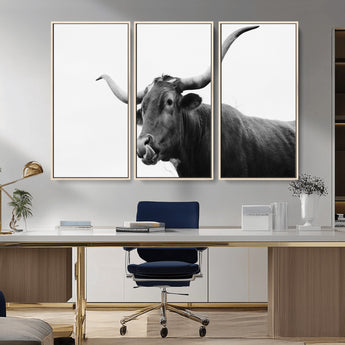 99244177-MGV-CV-36X24-Longhorn Photography Wall Art Canvas Print, Framed Western Cow Decor Art Picture Print, Black White Bull Perfect Modern Rustic