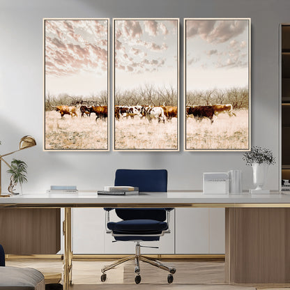57389417-MGV-FC-48X32-3P_Natural-Cow Herd Photography Wall Art Canvas Print, Framed Rustic Farmhouse Decor Art Picture Print, Western Ranch Style Perfect Rustic