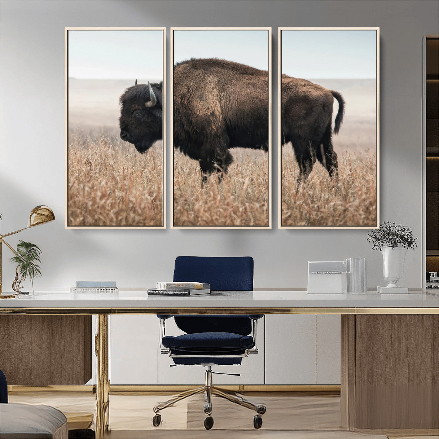 34451925-MGV-CV-36X24-Rustic Bison Decor Wall Art Canvas Print, Framed Buffalo Home Accent Art Picture Print, Prairie Wildlife Scene Perfect Western