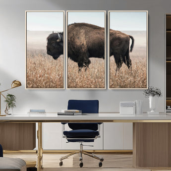 34451925-MGV-FC-48X32-3P_Natural-Rustic Bison Decor Wall Art Canvas Print, Framed Buffalo Home Accent Art Picture Print, Prairie Wildlife Scene Perfect Western