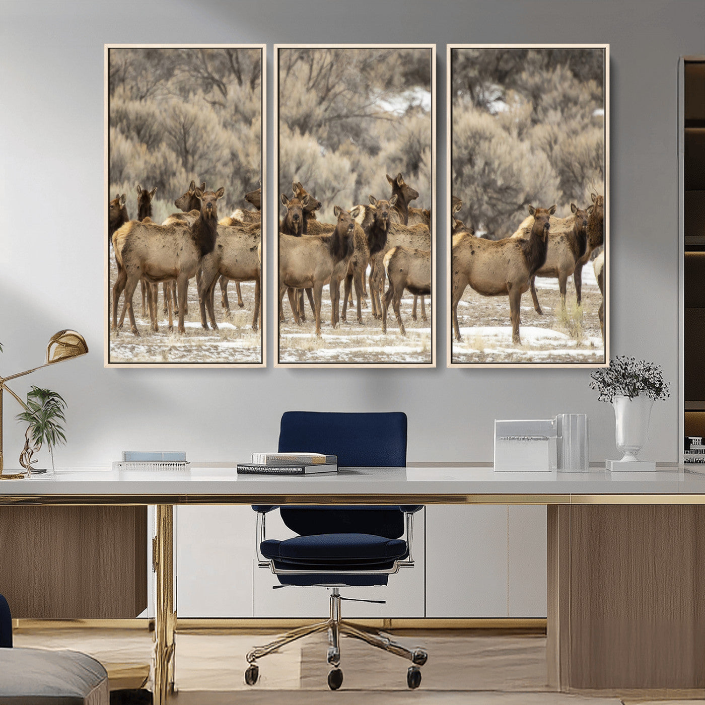 90269422-MGV-FC-48X32-3P_Natural-Elk Herd Scene Wall Art Canvas Print, Framed Rustic Wildlife Decor Art Picture Print, Western Cabin Style Perfect Rustic Lodge