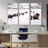 13891210-MGV-FC-48X32-3P_Natural-Bison Herd Scene Wall Art Canvas Print, Framed Western Wildlife Decor Art Picture Print, Snowy Mountain Valley Perfect Rustic
