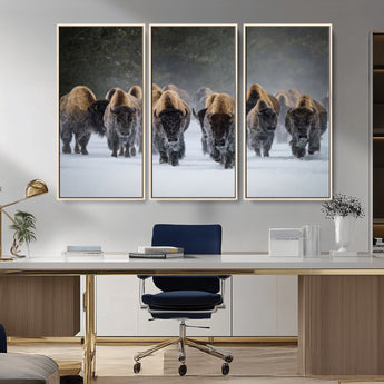 41669135-MGV-FC-48X32-3P_Natural-Bison Herd Scene Wall Art Canvas Print, Framed Rustic Wildlife Decor Art Picture Print, Snowy Bison Landscape Perfect Rustic