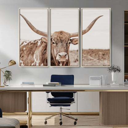 77810049-MGV-FC-48X32-3P_Natural-Longhorn Bull Photo Wall Art Canvas Print, Framed Rustic Cow Decor Art Picture Print, Neutral Farmhouse Style Perfect Rustic