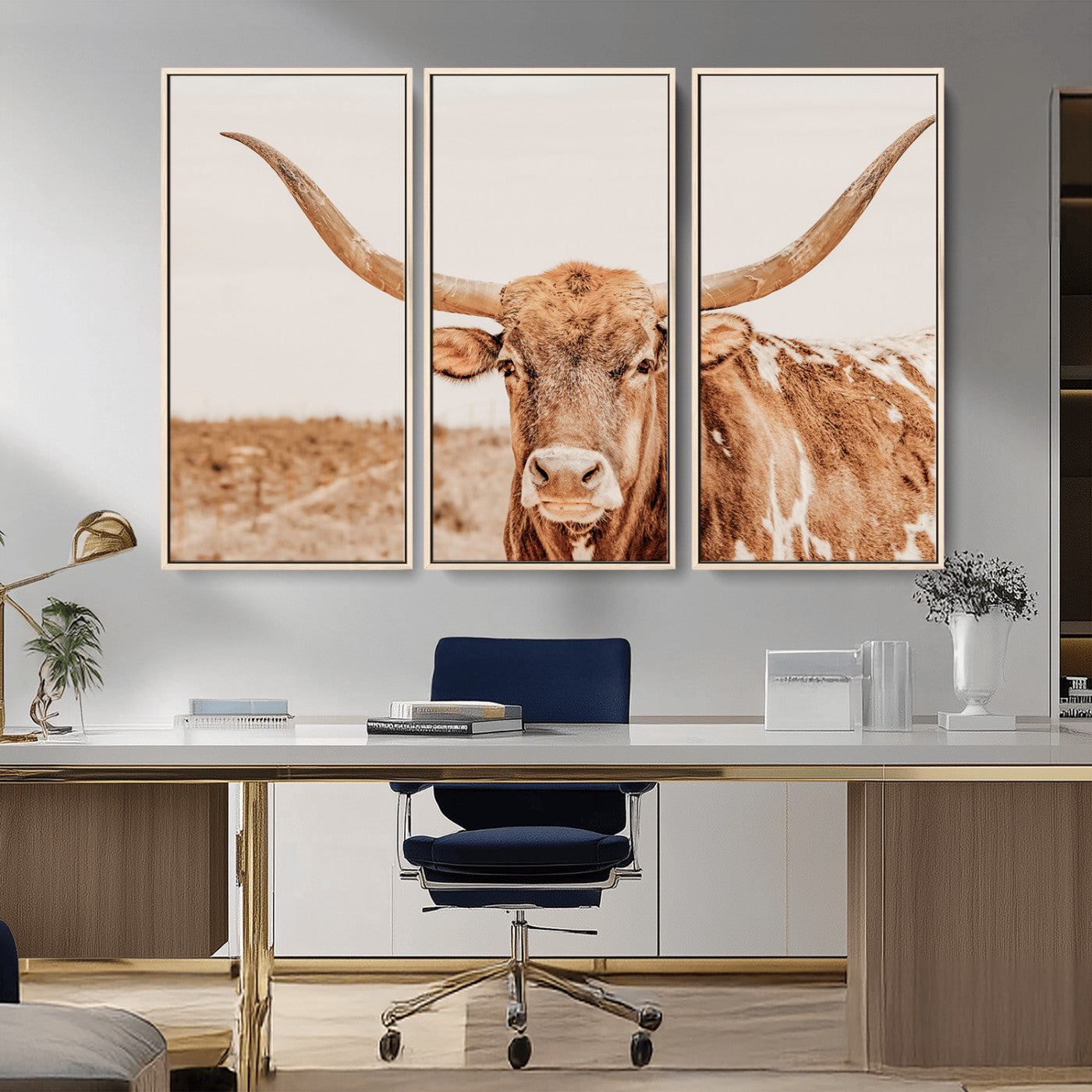74406977-MGV-CV-36X24-Longhorn Bull Decor Wall Art Canvas Print, Framed Western Cow Theme Art Picture Print, Rustic Farmhouse Wall Perfect Neutral