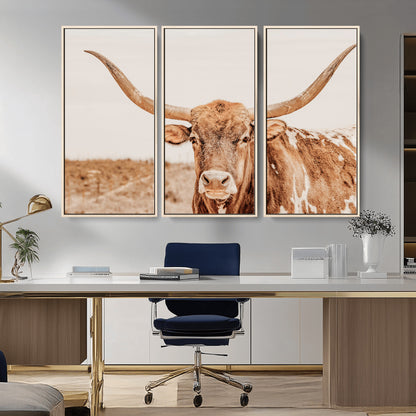 74406977-MGV-CV-36X24-Longhorn Bull Decor Wall Art Canvas Print, Framed Western Cow Theme Art Picture Print, Rustic Farmhouse Wall Perfect Neutral