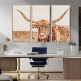 74406977-MGV-FC-48X32-3P_Natural-Longhorn Bull Decor Wall Art Canvas Print, Framed Western Cow Theme Art Picture Print, Rustic Farmhouse Wall Perfect Neutral