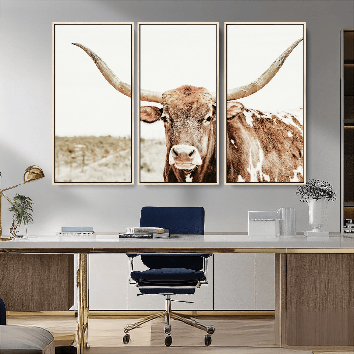 98924580-MGV-CV-36X24-Texas Longhorn Bull Wall Art Canvas Print, Framed Rustic Farmhouse Decor Art Picture Print, Western Animal Theme Perfect Rustic