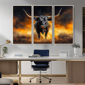 58293979-MGV-FC-48X32-3P_Natural-Longhorn Canvas Wall Art Canvas Print, Framed Bold Bull Wall Art Art Picture Print, Western Animal Decor Perfect Western Dramatic