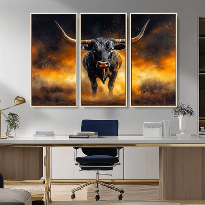 58293979-MGV-FC-48X32-3P_Natural-Longhorn Canvas Wall Art Canvas Print, Framed Bold Bull Wall Art Art Picture Print, Western Animal Decor Perfect Western Dramatic