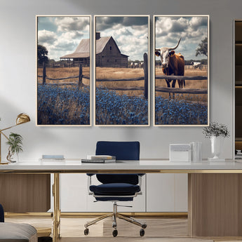 51092814-MGV-CV-36X24-Texas Longhorn Wall Art Wall Art Canvas Print, Framed Rustic Barn Canvas Art Picture Print, Farmhouse Cow Decor Perfect Rustic