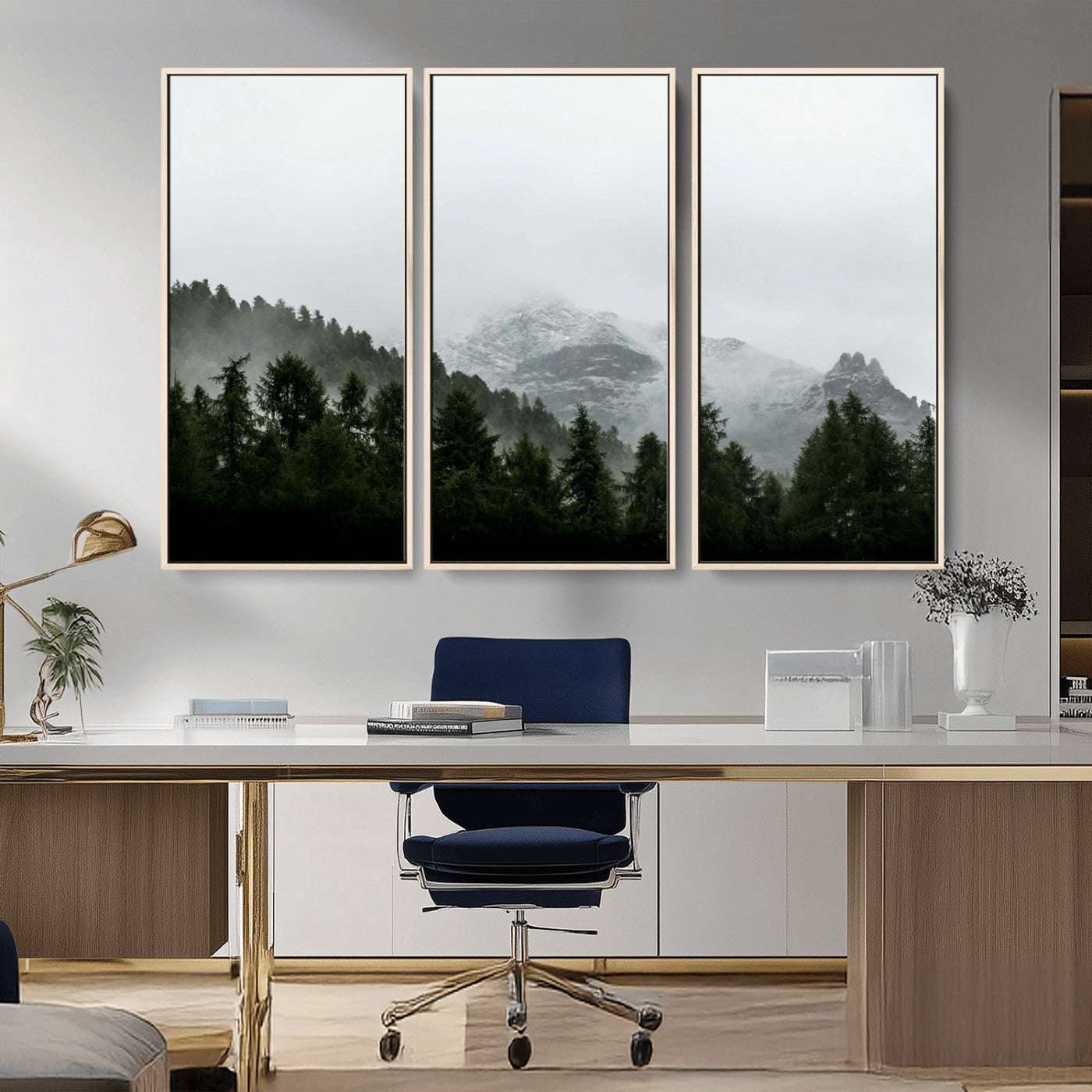 55968349-MGV-CV-36X24-Misty Mountains Wall Art Canvas Print, Framed Foggy Forest Art Picture Print, Snowy Peaks Perfect Moody Wilderness Decor Artwork