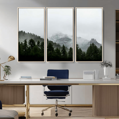 55968349-MGV-CV-36X24-Misty Mountains Wall Art Canvas Print, Framed Foggy Forest Art Picture Print, Snowy Peaks Perfect Moody Wilderness Decor Artwork