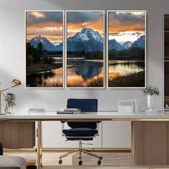 14130176-MGV-FC-48X32-3P_Natural-Mountain Sunset Wall Art Canvas Print, Framed Alpine Wilderness Art Picture Print, Golden Hour Perfect Rustic Wilderness Decor