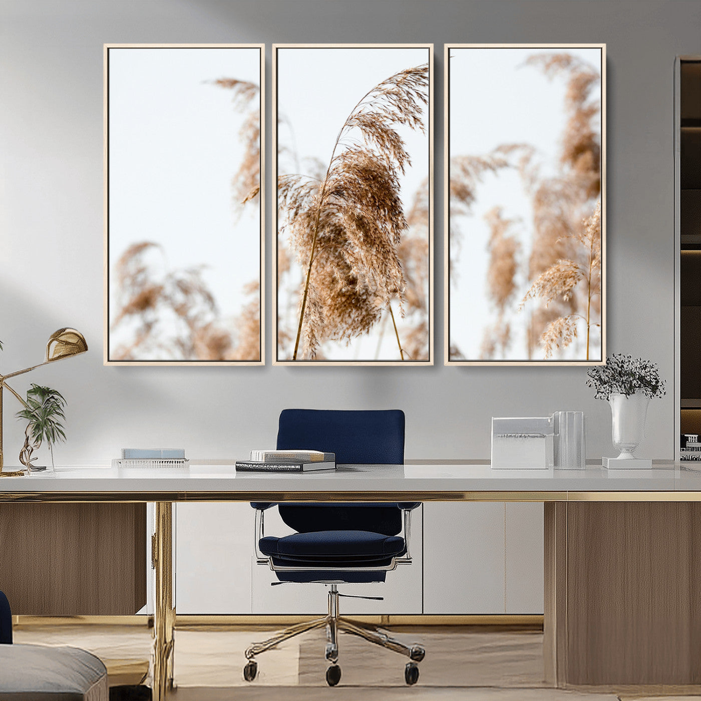 17019393-MGV-FC-48X32-3P_Natural-Pampas Grass Wall Art Canvas Print, Framed Neutral Tones Art Picture Print, Minimalist Nature Perfect Boho Minimalist Decor