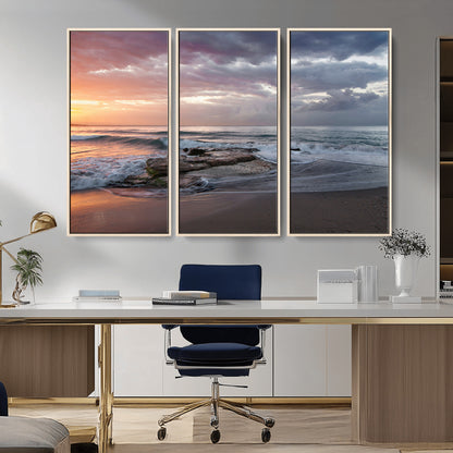 94208089-MGV-FC-48X32-3P_Natural-Golden Hour Wall Art Canvas Print, Framed Tranquil Waves Art Picture Print, Beach Horizon Perfect Coastal Serenity Decor Artwork