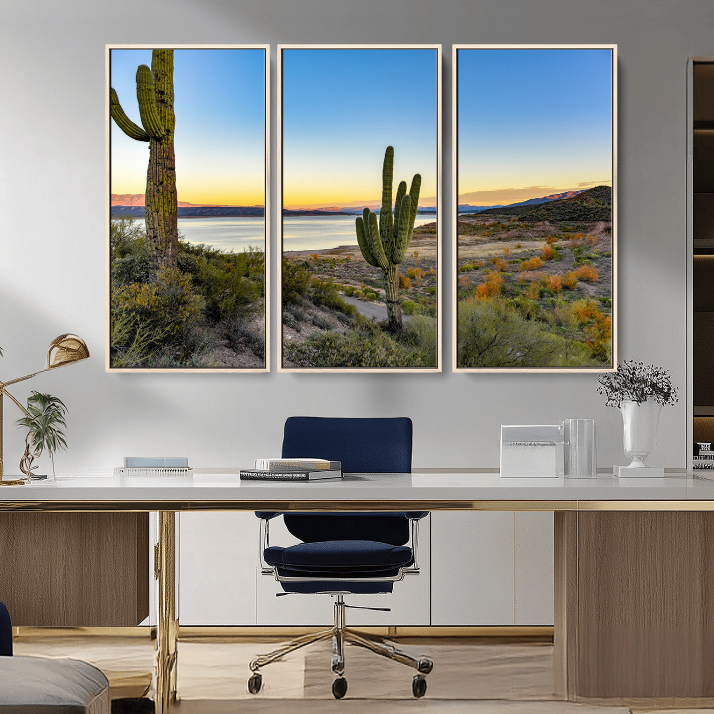 52844711-MGV-FC-48X32-3P_Natural-Saguaro Cactus Wall Art Canvas Print, Framed Desert Sunset Art Picture Print, Southwestern Scene Perfect Southwestern Rustic Decor