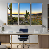 52844711-MGV-FC-48X32-3P_Natural-Saguaro Cactus Wall Art Canvas Print, Framed Desert Sunset Art Picture Print, Southwestern Scene Perfect Southwestern Rustic Decor