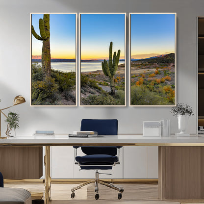 52844711-MGV-FC-48X32-3P_Natural-Saguaro Cactus Wall Art Canvas Print, Framed Desert Sunset Art Picture Print, Southwestern Scene Perfect Southwestern Rustic Decor