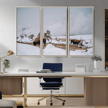 60308289-MGV-FC-48X32-3P_Natural-Bison Wildlife Wall Art Canvas Print, Framed Snowy Prairie Art Picture Print, Western Landscape Perfect Rustic Winter Decor