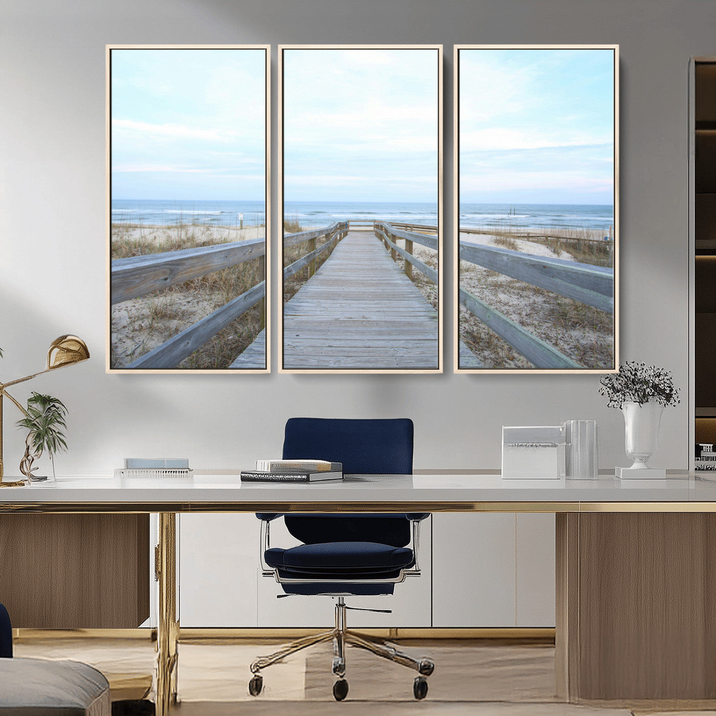 31602988-MGV-FC-48X32-3P_Natural-Beach Boardwalk Wall Art Canvas Print, Framed Coastal Serenity Art Picture Print, Ocean View Perfect Coastal Minimalist Decor