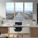 31602988-MGV-FC-48X32-3P_Natural-Beach Boardwalk Wall Art Canvas Print, Framed Coastal Serenity Art Picture Print, Ocean View Perfect Coastal Minimalist Decor