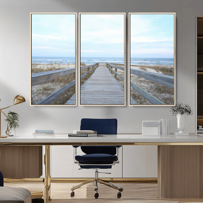 31602988-MGV-FC-48X32-3P_Natural-Beach Boardwalk Wall Art Canvas Print, Framed Coastal Serenity Art Picture Print, Ocean View Perfect Coastal Minimalist Decor