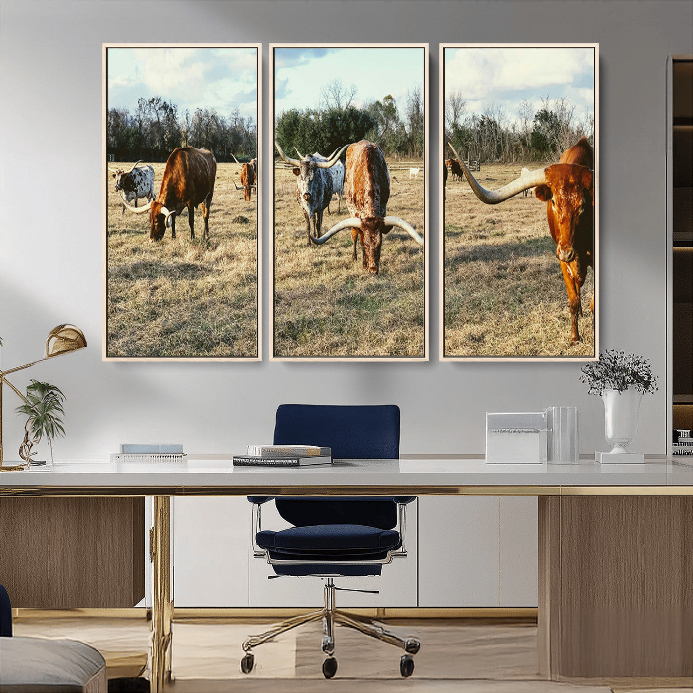 39144651-MGV-CV-36X24-Texas Longhorns Wall Art Canvas Print, Framed Rustic Farm Scene Art Picture Print, Western Cattle Perfect Rustic Farmhouse Decor