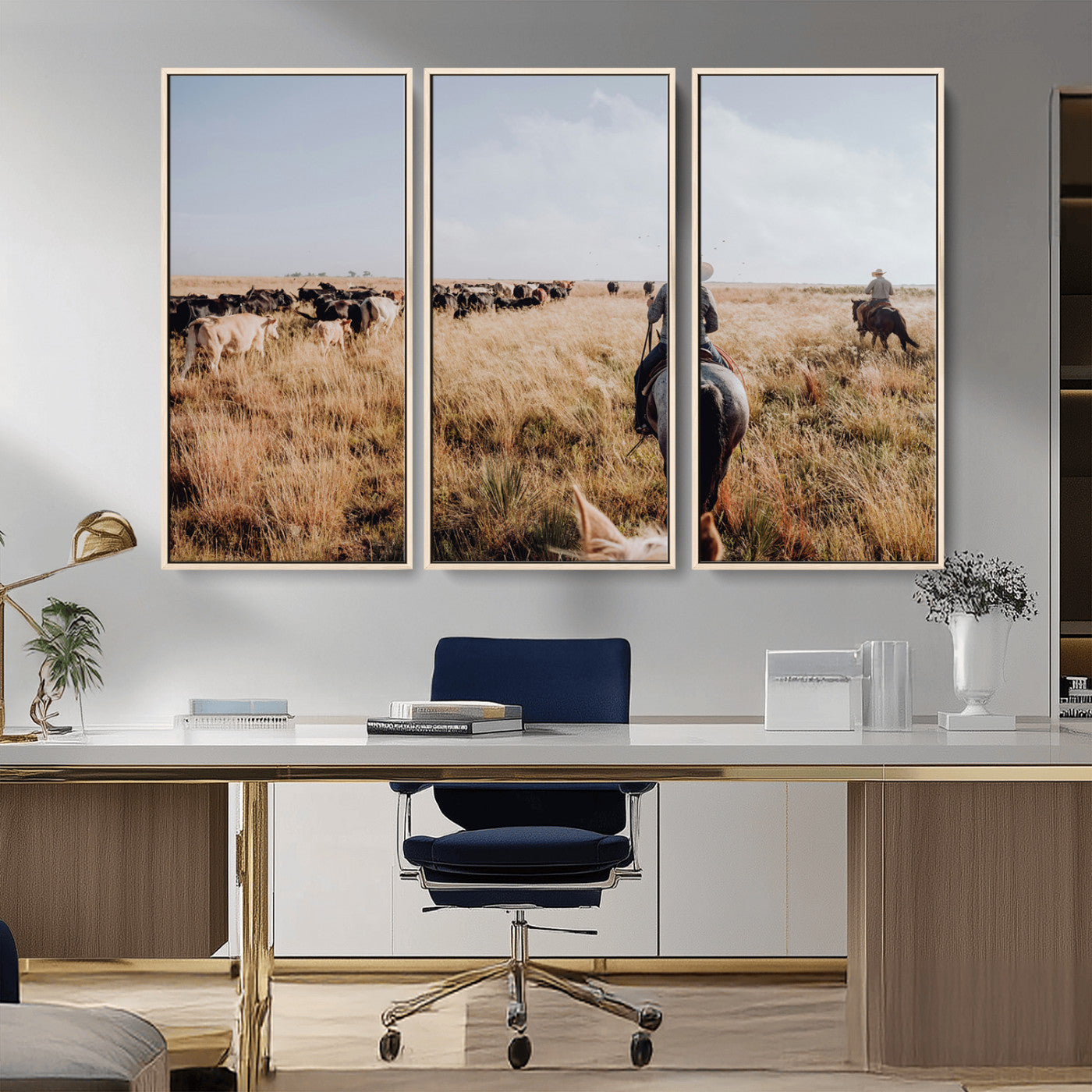 22431577-MGV-CV-36X24-Western Wall Art Wall Art Canvas Print, Framed Cowboy Canvas Art Picture Print, Cattle Drive Scene Perfect Rustic Western Decor