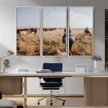 22431577-MGV-CV-36X24-Western Wall Art Wall Art Canvas Print, Framed Cowboy Canvas Art Picture Print, Cattle Drive Scene Perfect Rustic Western Decor