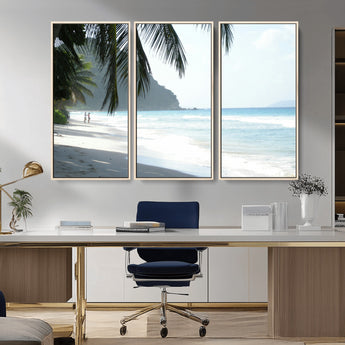 18311030-MGV-FC-48X32-3P_Natural-Tropical Beach Wall Art Canvas Print, Framed Serene Ocean Art Picture Print, Palm Tree Shadows Perfect Tropical Coastal Decor
