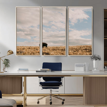 22754563-MGV-CV-36X24-Earthy Tones Wall Art Canvas Print, Framed Rustic Nature Art Picture Print, Solitary Buffalo Perfect Western Minimalist Decor