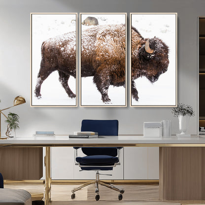 94261165-MGV-CV-36X24-Snowy Buffalo Wall Art Canvas Print, Framed Wildlife Photography Art Picture Print, Brown Tones Perfect Rustic Lodge Decor Decor