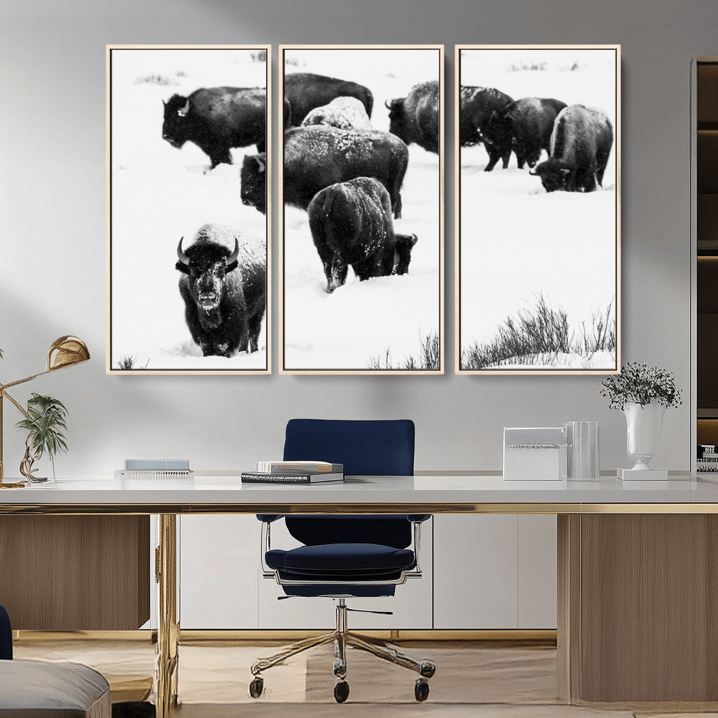 18914414-MGV-FC-48X32-3P_Natural-Buffalo Herd Wall Art Canvas Print, Framed Black and White Art Picture Print, Snowy Landscape Perfect Rustic Lodge Decor Decor