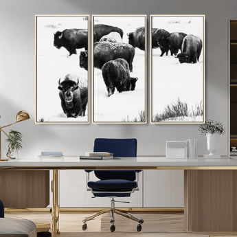 18914414-MGV-FC-48X32-3P_Natural-Buffalo Herd Wall Art Canvas Print, Framed Black and White Art Picture Print, Snowy Landscape Perfect Rustic Lodge Decor Decor